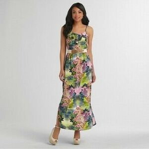NWT Attention Floral Tropical Maxi Dress in Green and Pink with Belt Size Small